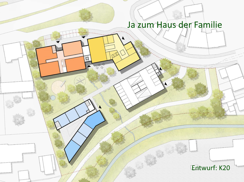 Lageplan mit farblich markierten Gebäudeteilen und Grünflächen für das geplante Haus der Familie in Datteln.