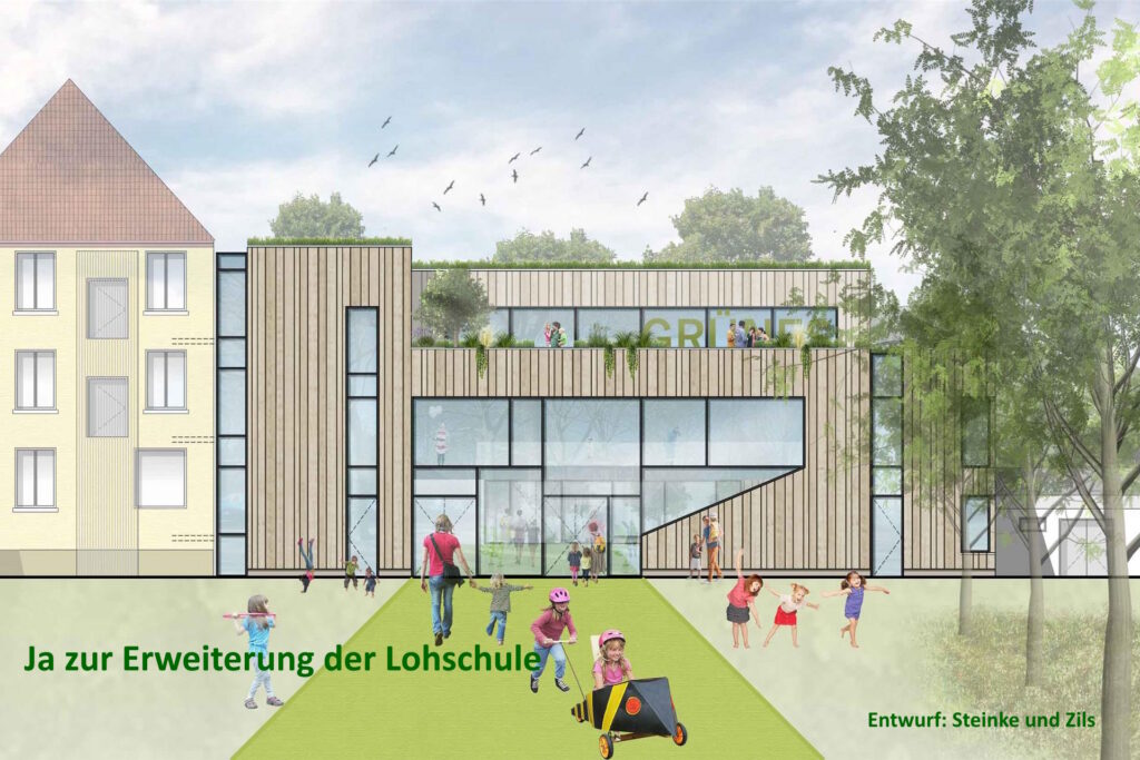 Visualisierung eines modernen Schulneubaus mit Holzfassade und großen Fensterflächen, davor spielende Kinder auf einem begrünten Vorplatz.