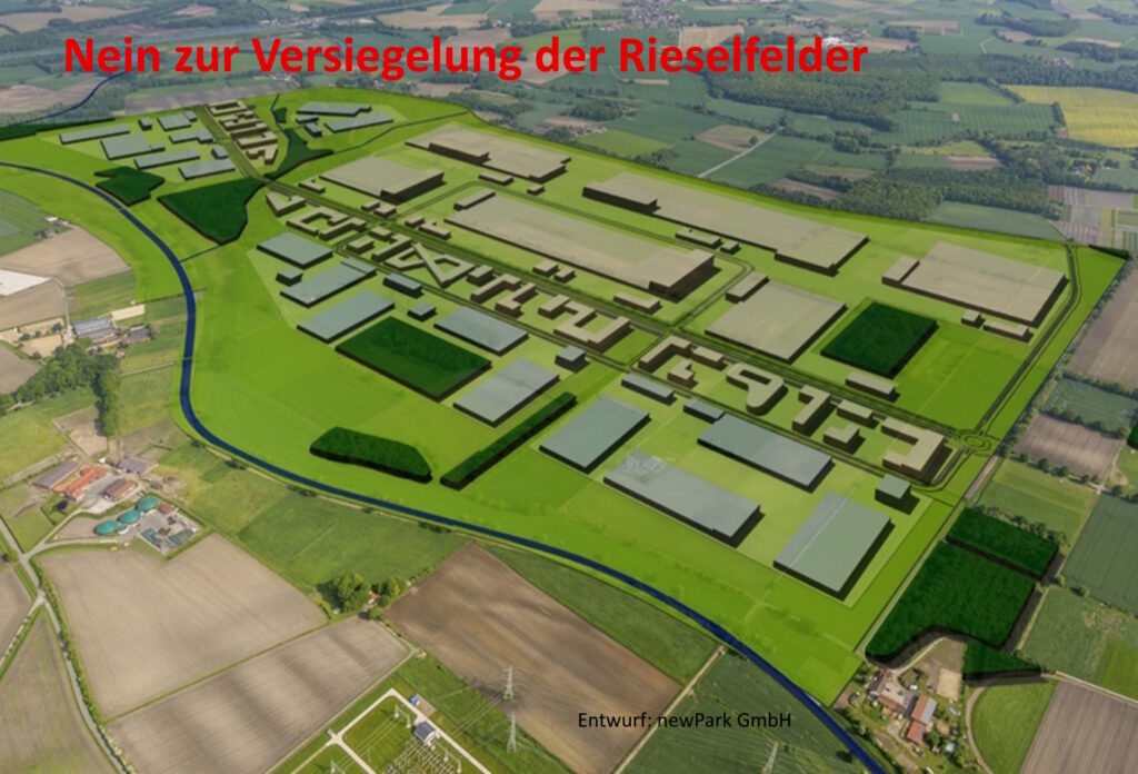 Luftbild mit eingezeichneter geplanter Gewerbefläche newPark auf landwirtschaftlich genutzten Flächen zwischen Lippeaue und Naturschutzgebiet.