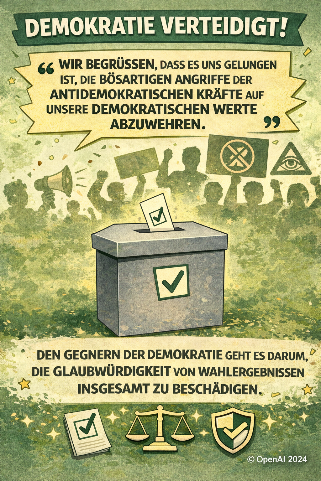 Illustration einer Wahlurne mit eingeworfenem Stimmzettel und grünem Häkchen; im Hintergrund Silhouetten demonstrierender Menschen mit Schildern, darüber der Schriftzug „Demokratie verteidigt!“ und ein Zitat zur Abwehr antidemokratischer Kräfte.