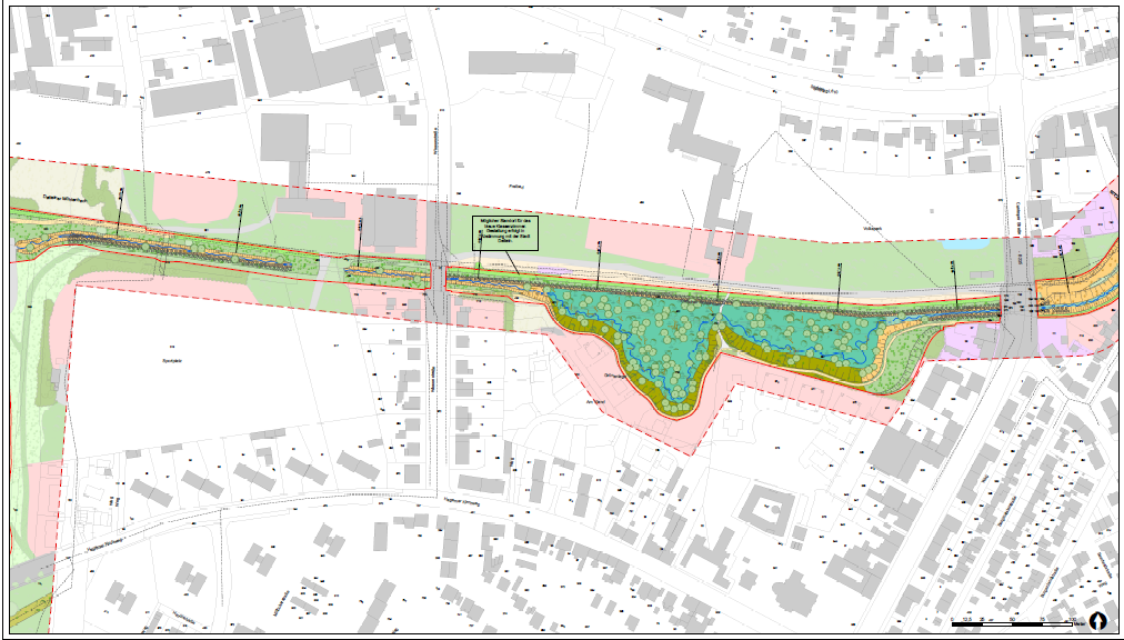 Planzeichnung der Gewässeraufweitung am Dattelner Mühlenbach zwischen Wiesenstraße und Castroper Straße.