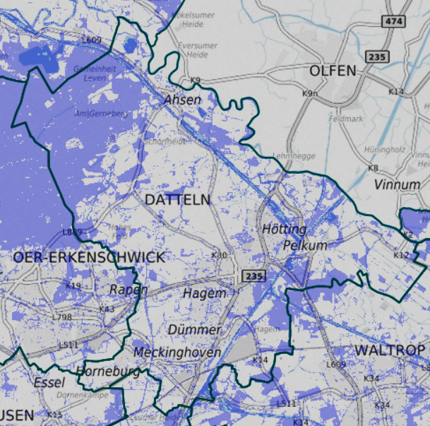 Karte der Region Datteln mit Darstellung kühler Orte und kühlerer Bereiche als Orientierung bei Hitze.